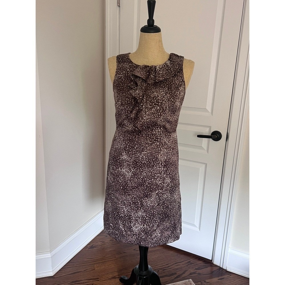 Ann Taylor LOFT Dress Asymmetrical Ruffle Neck Abstract Print Summer Fall Size 6 - Picture 2 of 10